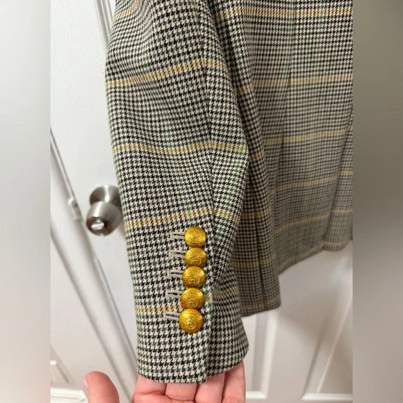 ALC Sedgwick Green Yellow Plaid Gold Double Breasted Blazer Preppy Fall Tailored - Picture 13 of 16